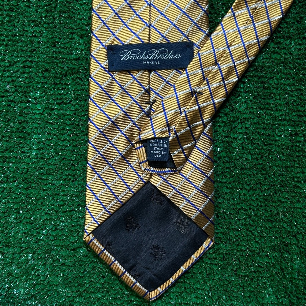 Brooks Brothers Makers Silk Tie Gold Navy Geometric Lattice Grid Made In USA - Picture 3 of 8